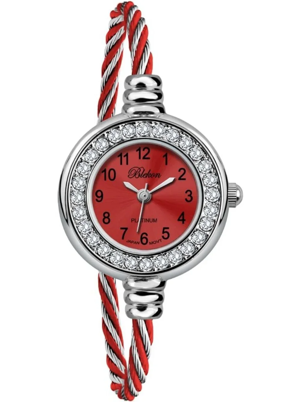 Women's Silver And Red Analog Cable Cuff Arabic Number Rhinestone Bracelet Watch